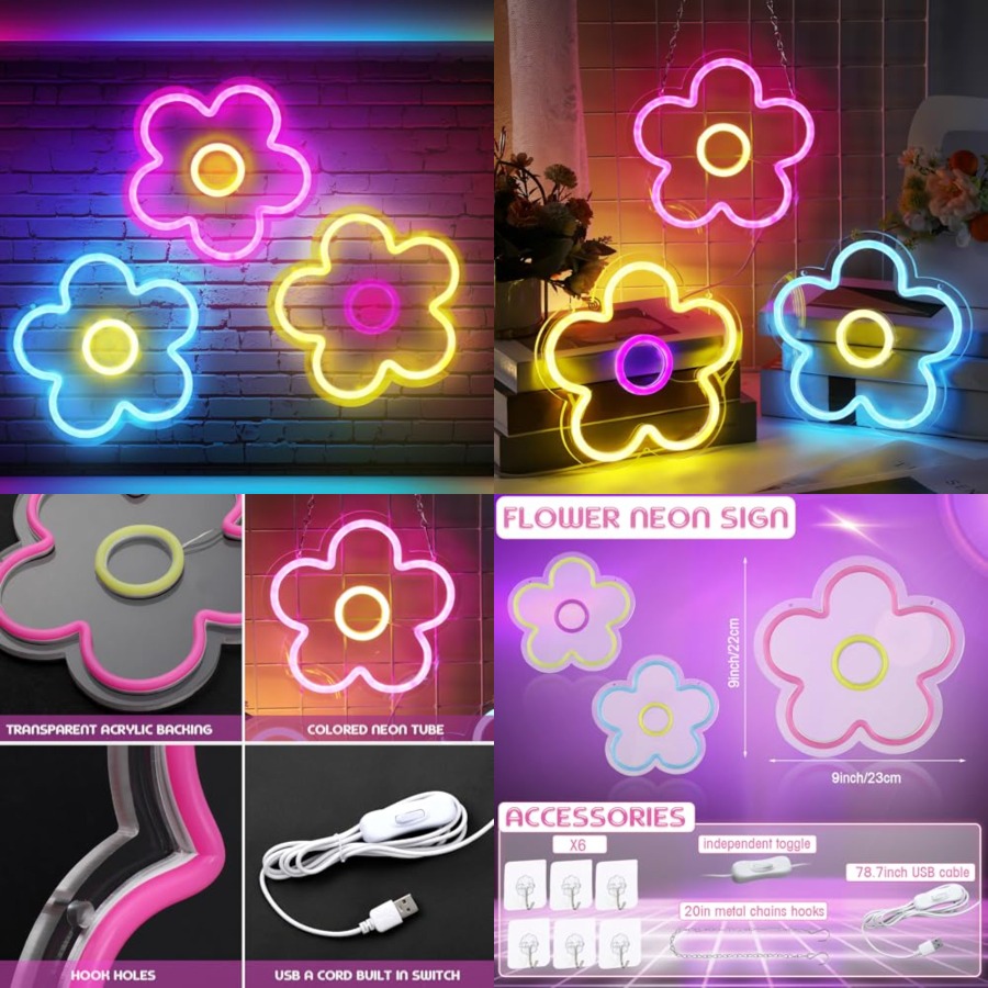 3 Pcs Flower Neon Sign Light u - đánh giá và giá Home Decor Retro