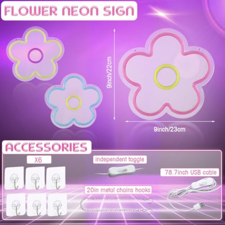 3 Pcs Flower Neon Sign Light u - đánh giá và giá Home Decor Retro